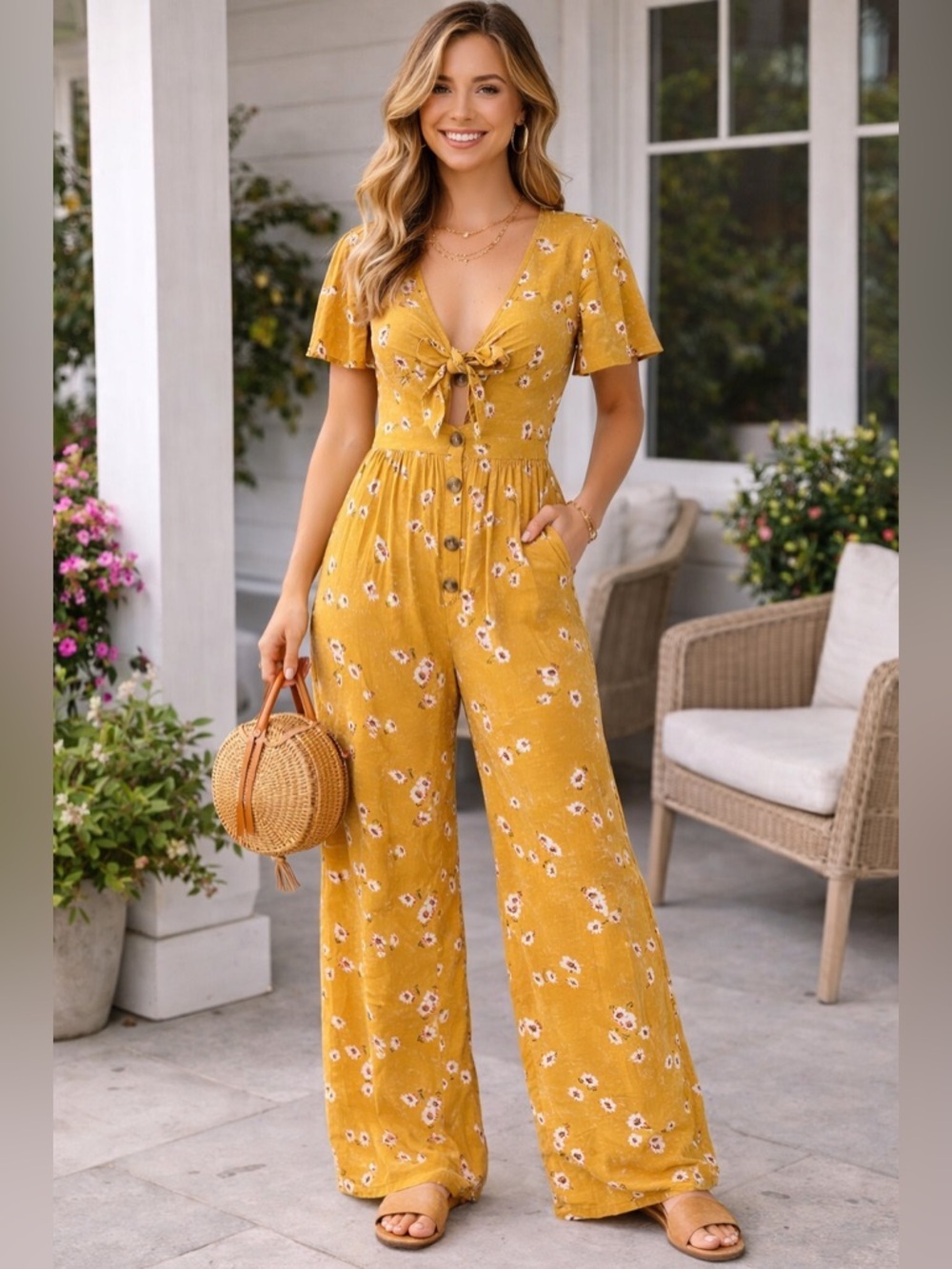 Mimi Chica Mustard Floral Jumpsuit Tie Front Button Medium